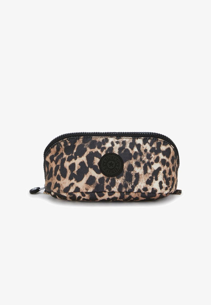 Pochette con stampa leopardata dalla forma arrotondata, con zip nera e patch con logo. Realizzata in tessuto resistente con una texture liscia.