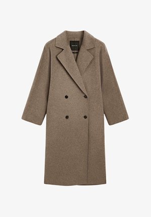 Brun uldfrakke med dobbeltbrystet design, klapkrave og to sorte knapper. Har en afslappet pasform og mellemlange ærmer.