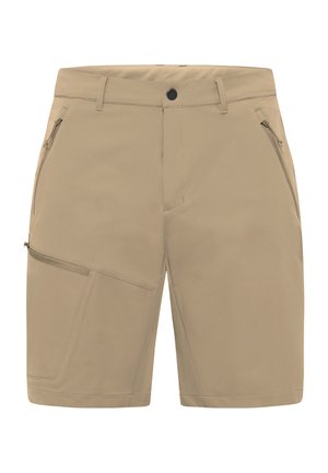 Beige Shorts aus leichtem Stoff, mit mehreren Reißverschlusstaschen, flacher Vorderseite und nahtlosen Seitenpaneelen für ein sauberes Design.