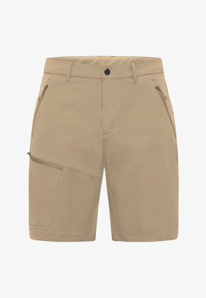 Beige Shorts aus leichtem Stoff, mit mehreren Reißverschlusstaschen, flacher Vorderseite und nahtlosen Seitenpaneelen für ein sauberes Design.