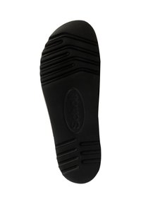 Suola di scarpa in gomma nera con scanalature testurizzate, logo in rilievo e design della punta arrotondata. Presenta rigature pronunciate per una migliore aderenza.