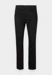 Fekete farmernadrág egyenes szárú szabással, zipzáras sliccel, öt zsebbel és finom textúrával. Nincsenek látható minták vagy fémdíszítések.