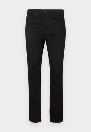 Črne jeans hlače iz denima z ravnim krojem hlačnic, z zadrgo, petimi žepi in subtilno teksturo. Brez vidnih vzorcev ali kovinskih okraskov.