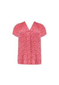 Floral top in pink hues with short sleeves, V-neckline, and loose fit. Features a lightweight, textured fabric with a multi-colored pattern.