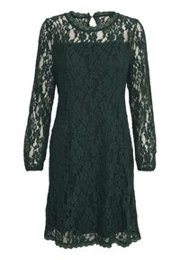 Robe en dentelle verte avec des manches longues, un col rond et une légère découpe en forme de clé au dos. Motif floral avec un ourlet festonné.
