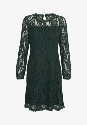 Zaļš mežģīņu kleita ar garām piedurknēm, apaļu kakla izgriezumu un nelielu atvērumu aizmugurē. Ziedu raksts ar viļņotu apakšējo malu.