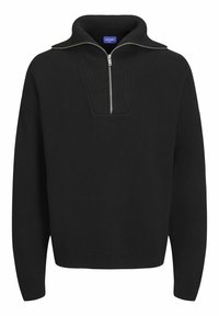 Schwarzer Strickpullover mit hohem Kragen und Viertelreißverschluss. Merkmale ein strukturiertes Muster sowie gerippte Bündchen und Saum für eine enge Passform.