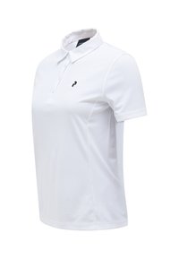 Witte polo met een kraag, drie knopen aan de voorkant en een klein zwart logo aan de linkerkant. Gemaakt van gladde, ademende stof.
