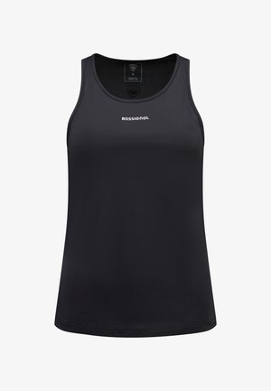 Camiseta sin mangas negra de tejido suave. Presenta un escote redondo y un pequeño logo blanco de "ROSSIGNOL" en el pecho.