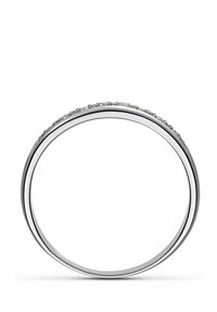 Silberne Ringband mit einer glatten, polierten Oberfläche und kleinen, eingearbeiteten Edelsteinen entlang der oberen Kante für zusätzliche Details.