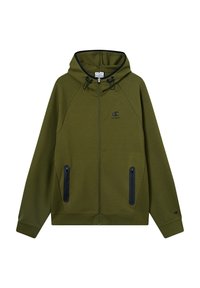 Olijfgroen ritsjack met een trekkoord capuchon, zwarte accenten, twee ritszakken en een klein logo op de linkerborst.