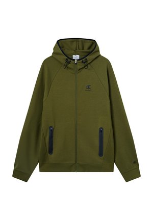 Olivgrüner Reißverschluss-Hoodie mit Kapuze und Kordelzug, schwarzen Akzenten, zwei Reißverschlusstaschen und einem kleinen Logo auf der linken Brust.