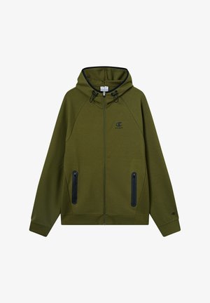Olivgrüner Reißverschluss-Hoodie mit Kapuze und Kordelzug, schwarzen Akzenten, zwei Reißverschlusstaschen und einem kleinen Logo auf der linken Brust.