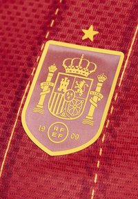 Rode stof met een gouden schild met het Spaanse wapen, een kroon en decoratieve elementen, samen met gele stikselaccenten.