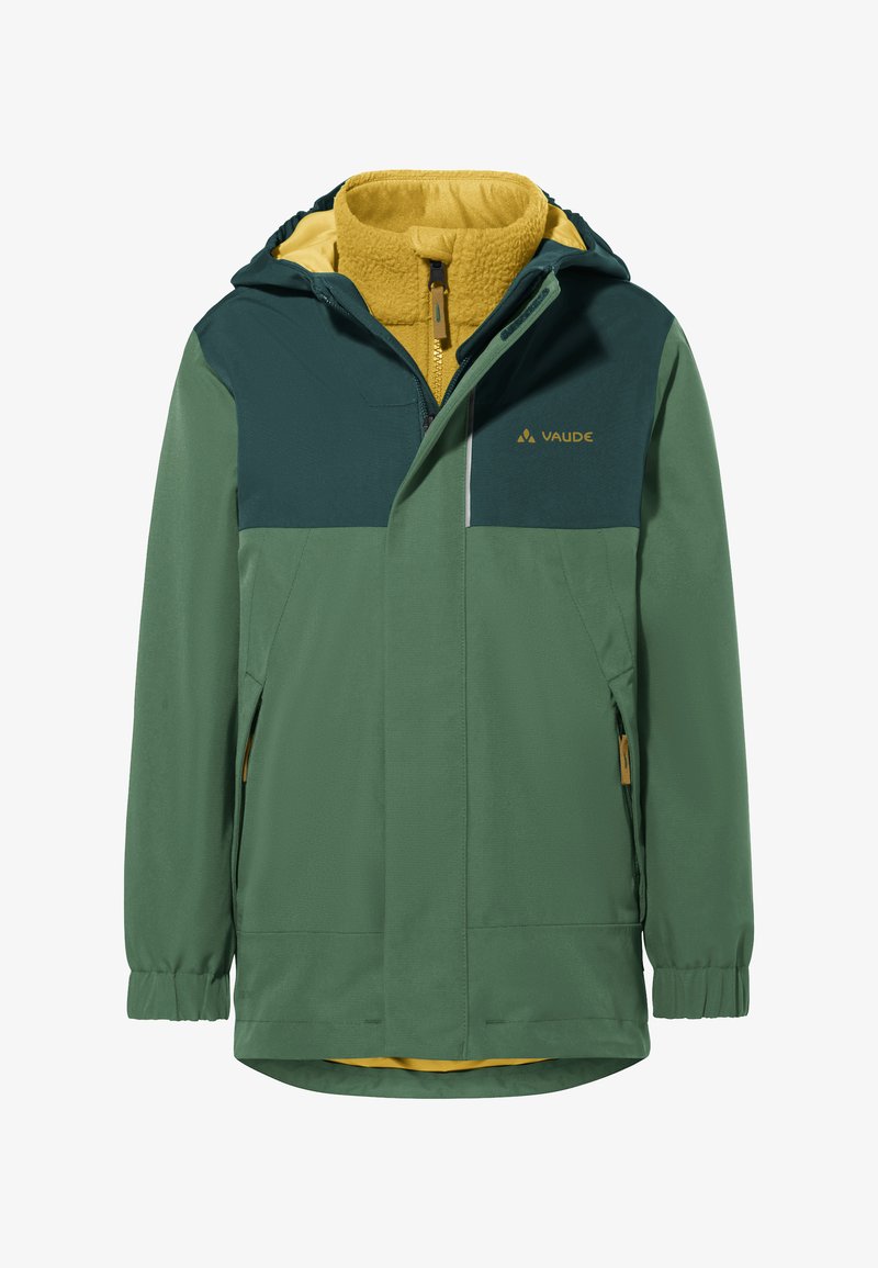 Giacca a cappuccio verde e teal scuro con interno in pile giallo, zip frontale, tasche laterali e logo VAUDE sul petto.