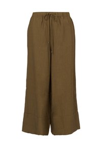 Pantalons en lin marron avec une coupe décontractée, dotés d'une taille à cordon de serrage et de jambes larges. Le tissu a une finition texturée.