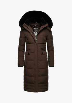 Cappotto imbottito marrone con cappuccio foderato in pelliccia sintetica, chiusura con zip frontale e due tasche laterali, caratterizzato da una texture trapuntata e dettagli neri.