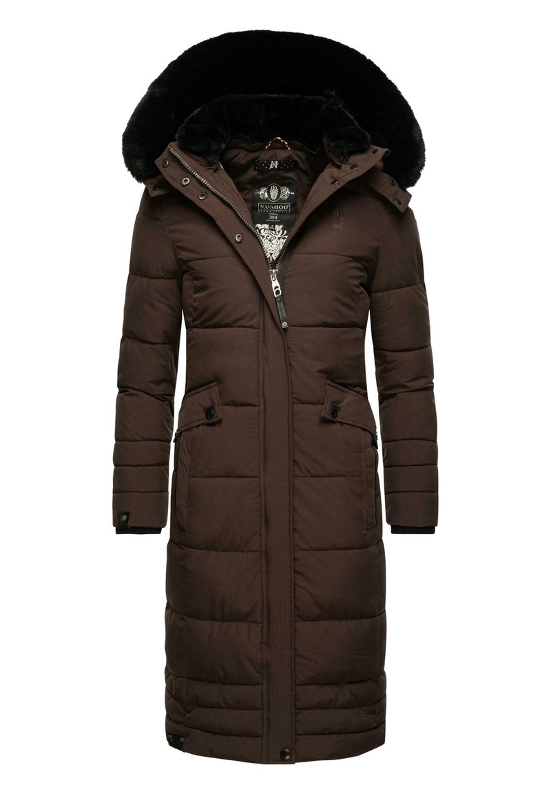 Brown padded coat with a faux fur-lined hood, zipper front, and two side pockets, featuring quilted texture and black accents.