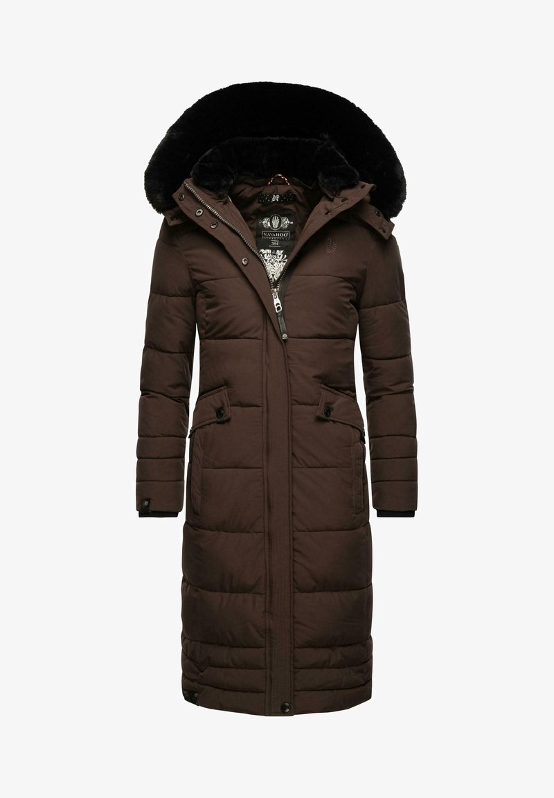 Brown padded coat with a faux fur-lined hood, zipper front, and two side pockets, featuring quilted texture and black accents.