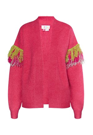 Pink knitted cardigan with open front, wide sleeves, and textured pattern. Features colorful fringes in green, pink, and white on shoulders.