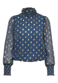 Blaue transparente Bluse mit rüschigem hohen Kragen, langen Puffärmeln, gerafften Bündchen und einem gold- und schwarzgepunkteten Muster.
