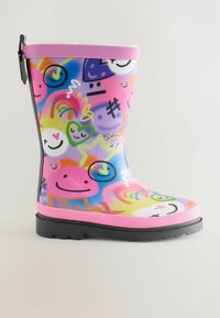 Stivale da pioggia colorato con un motivo grafico multicolore e giocoso, che presenta facce sorridente e stelle. Realizzato in gomma con un bordo superiore rosa.