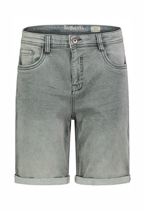 Graue Denim-Shorts mit umgeschlagenen Säumen, vorderer Knopf und Reißverschluss sowie Vorne- und Münztaschen, Größe 32, innen am Bund gekennzeichnet.