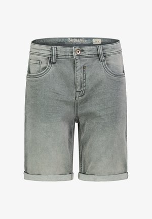 Gray denim shorts with rolled cuffs, front button and zipper, and front and coin pockets, size 32 labeled inside waistband.