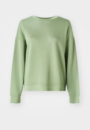 Light green sweatshirt with a crew neck, dropped shoulders, long sleeves, and a relaxed fit. Smooth texture and ribbed cuffs at the hem.