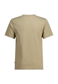 T-shirt beige a maniche corte realizzato in morbido cotone, con scollatura rotonda e taglio dritto, caratterizzato da dettagli di cucitura minimi sulle cuciture.