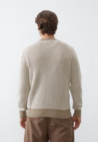 Maglione beige lavorato a maglia con un motivo texturizzato, polsini e vita a coste. Il retro presenta un collo rotondo e una vestibilità comoda.