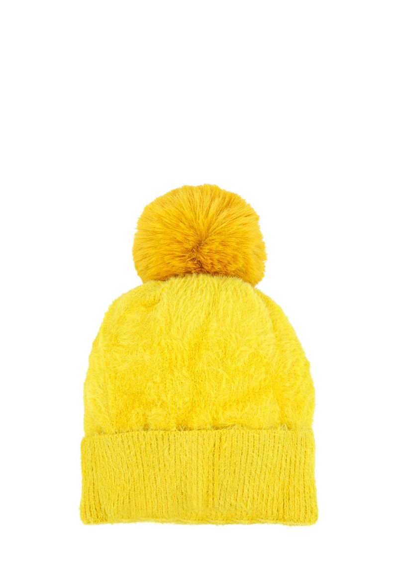 Berretto di maglia giallo con una texture morbida e pelosa e un grande pom-pom sulla cima. Presenta un polsino a coste di un colore solido.