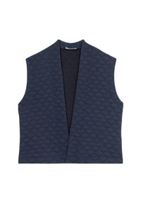 Gilet matelassé bleu marine à l'avant ouvert, sans manches, avec un motif géométrique et une texture lisse. Design minimaliste sans fermetures.