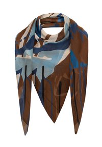 Écharpe en soie multicolore présentant un mélange de motifs abstraits marron, bleu et crème avec une texture lisse et des extrémités pointues.