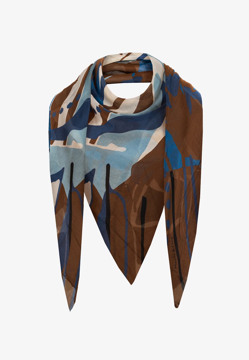 Écharpe en soie multicolore présentant un mélange de motifs abstraits marron, bleu et crème avec une texture lisse et des extrémités pointues.