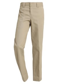 Béžové bavlněné plátěné kalhoty s rovného střihu, plochým předním dílem a poutky na opasek. Tkanina má hladkou texturu a minimálně viditelné švy.