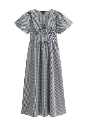 Zwart-witte gingham jurk met korte pofmouwen, een brede halslijn, gathered taille en een rok tot op de knie. Heeft een strik in het midden.