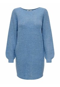 Robe pull à manches longues en maille bleu clair, avec encolure ronde, poignets et ourlet côtelés, arborant un motif en maille texturée sur toute la surface.