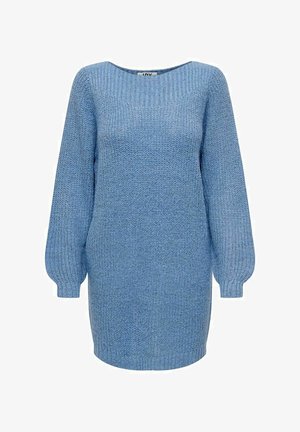 Vaaleansininen neulottu pitkähihaisen neuletunikamekko, jossa resoritettu pyöreä pääntie, hihansuut ja helma, ja joka on kauttaaltaan teksturoitua neulosta.