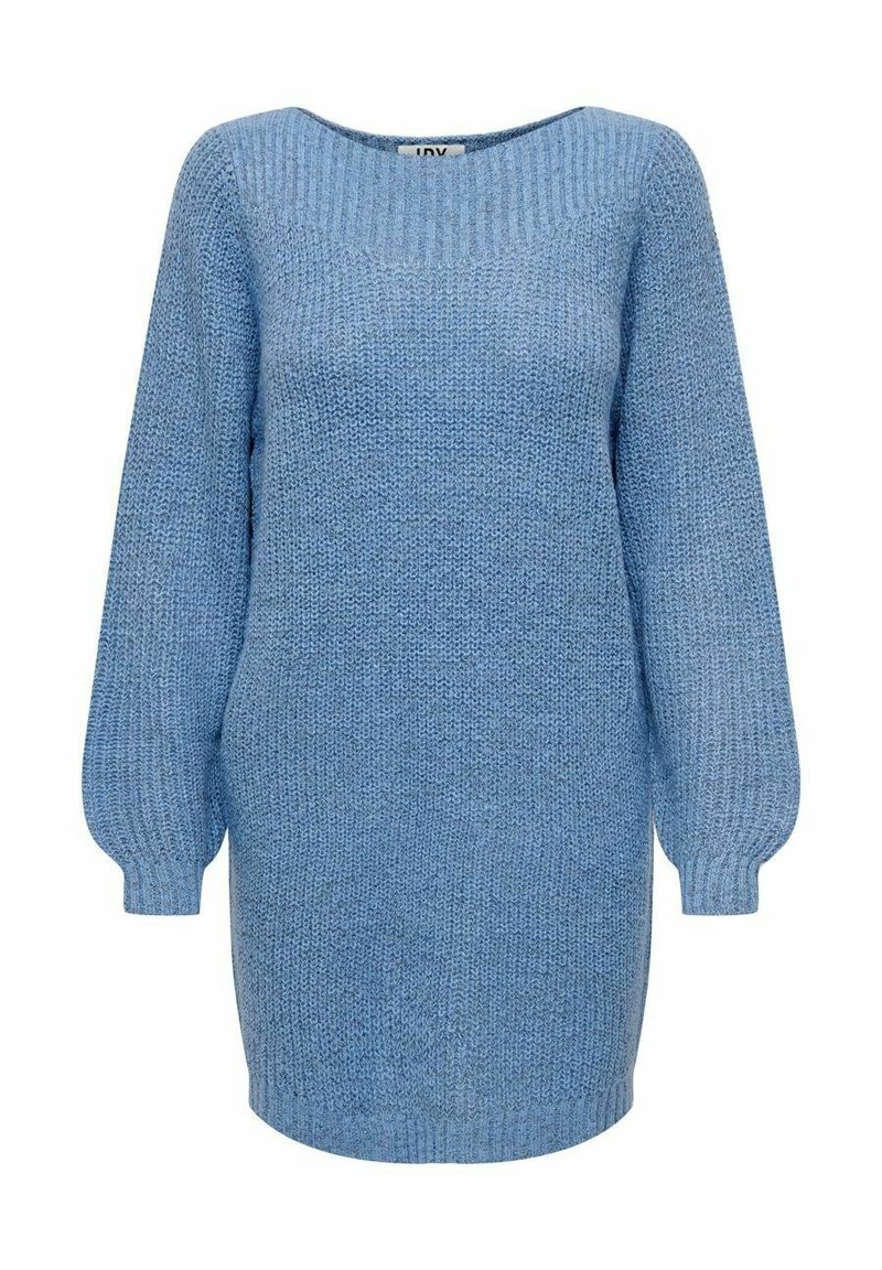 Robe pull à manches longues en maille bleu clair, avec encolure ronde, poignets et ourlet côtelés, arborant un motif en maille texturée sur toute la surface.