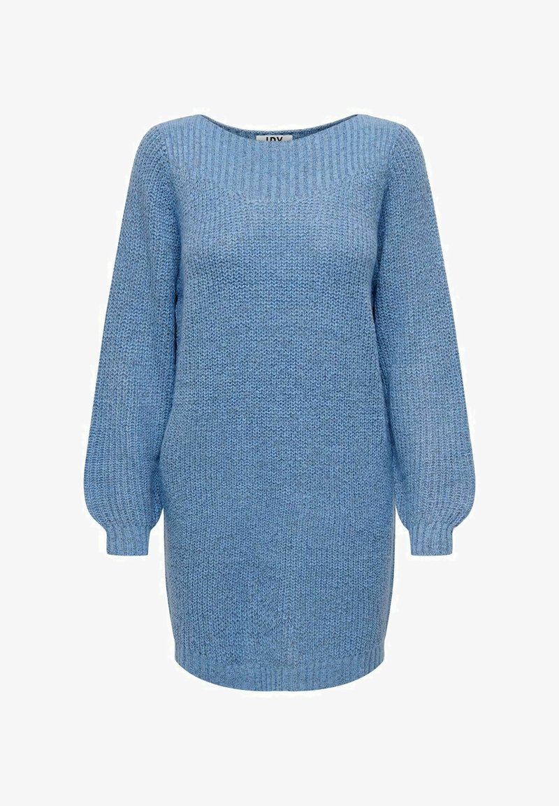 Robe pull à manches longues en maille bleu clair, avec encolure ronde, poignets et ourlet côtelés, arborant un motif en maille texturée sur toute la surface.