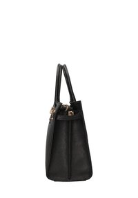 Zwarte leren handtas met textuur, twee handvatten en een ritssluiting, voorzien van gouden hardware en een gestructureerde vorm.