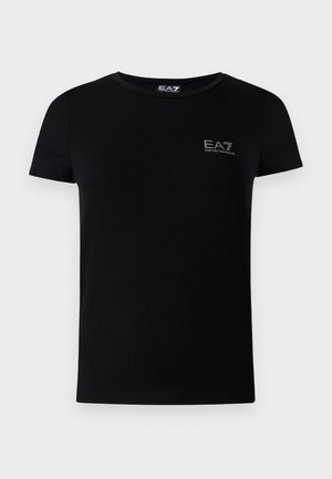 Tricou negru din bumbac, cu decolteu rotund, mâneci scurte și un mic logo EA7 pe pieptul stâng. Design simplu, conținut.