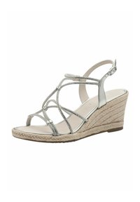 Stříbrné wedge sandály s křížovými popruhy, texturovanou espadrilovou podrážkou a nastavitelným páskem na kotníku. Hladké vnitřní podšívky.