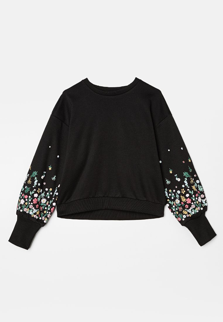 Schwarzer Sweatshirt mit floralem Stickerei in verschiedenen Farben an den Ärmeln, mit rundem Ausschnitt und geripptem Saum und Bündchen.