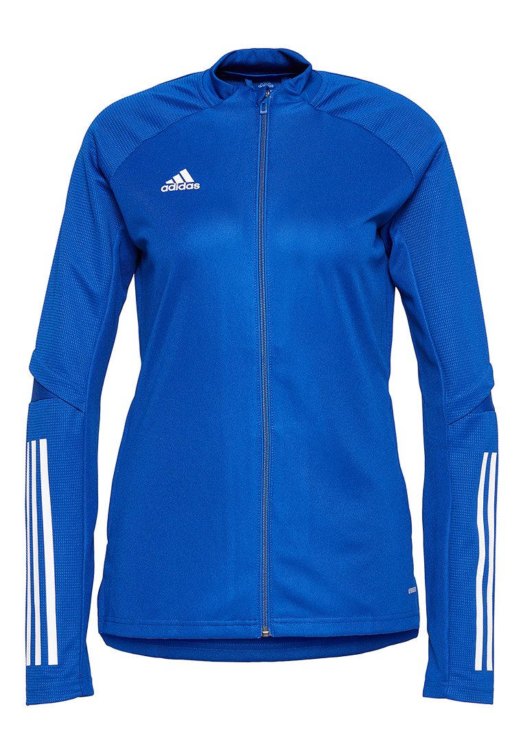 Blaue Adidas Vollzip-Jacke mit weißem Logo auf der Brust, gerippten Texturärmeln und drei weißen Streifen an den unteren Ärmeln.