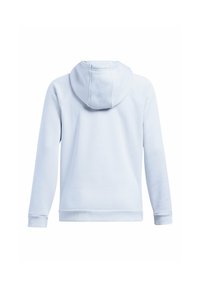 Hoodie bleu clair en tissu doux, avec une capuche à cordon de serrage et des poignets côtelés. L'arrière présente une couture sans couture et une coupe décontractée.