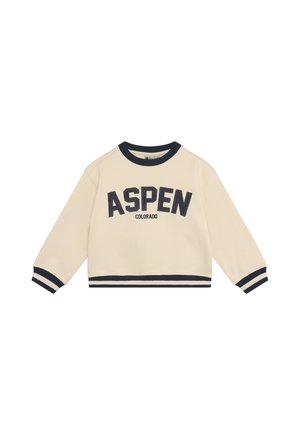 Langærmet sweatshirt i cremefarve med sort kant ved krave, manchetter og kant, med teksten "ASPEN" og "COLORADO" foran.