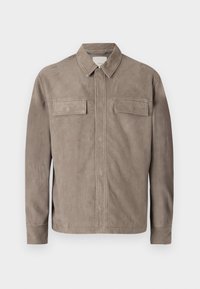 Light brown suede jacket with a collared neckline, two chest pockets, and button closure. Smooth texture and straight fit design.