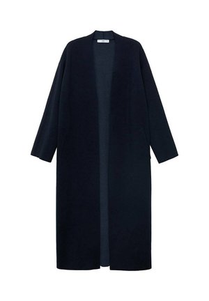 Navyblauwe lange cardigan van zachte stof met een open voorkant, twee zijzakken en wijde mouwen. Minimalistisch ontwerp, geen sluitingen.